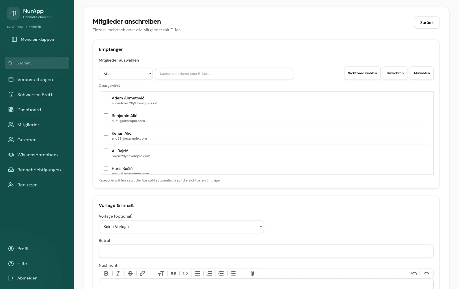 E-Mail an Mitglieder in NurApp mit Vorlage, Platzhaltern und Empfängerauswahl