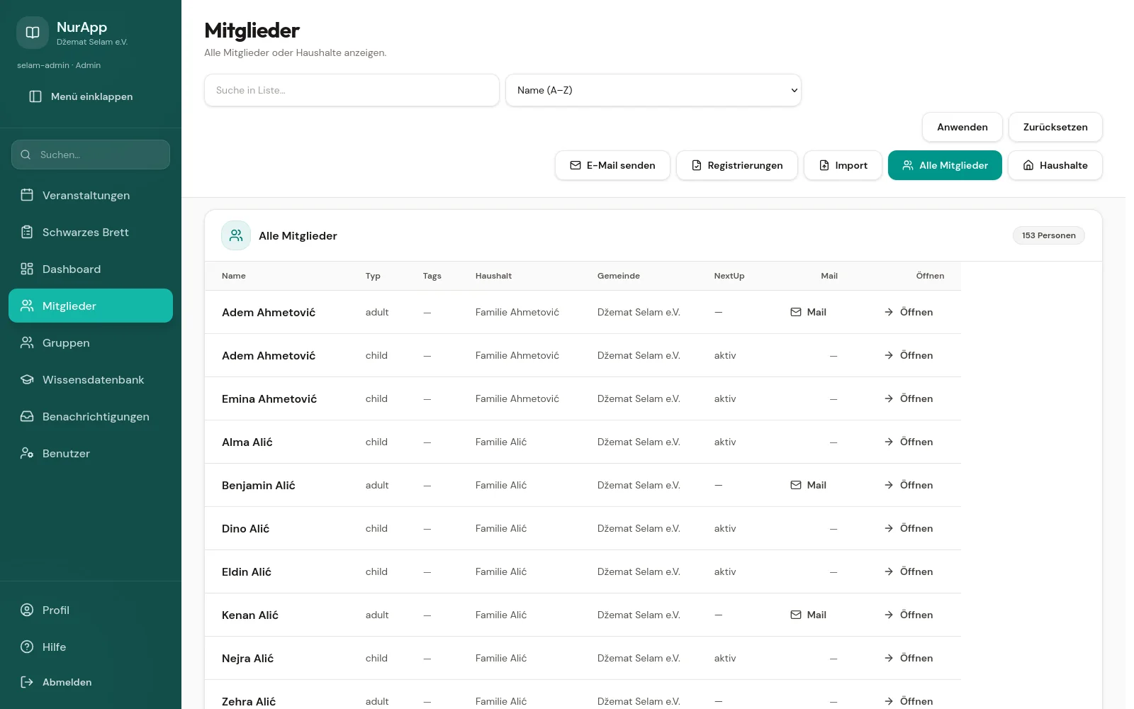 Mitgliederliste in NurApp mit Haushalten, Zahlungsart und Beitrag