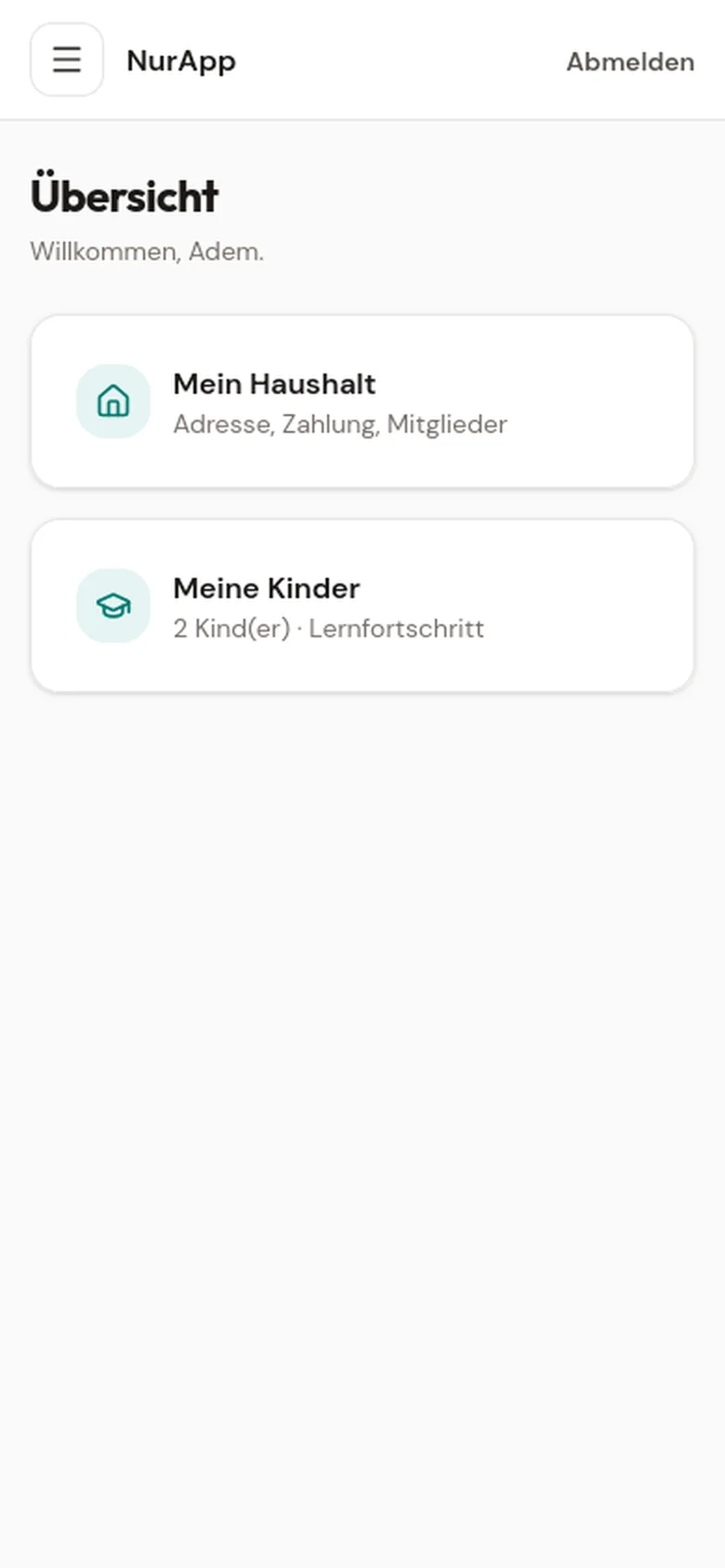 Elternbereich in NurApp auf dem Smartphone